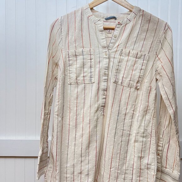 Merona Striped Rainbow 100% Cotton White Tunic Top Long Sleeve Pocket Buttons - Picture 1 of 11